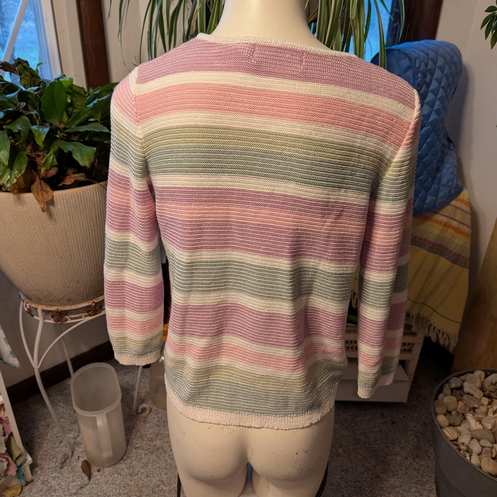 Alfred Dunner Striped Pastel Beaded  Sweater Crewneck 3/4 Length Sleeves Sz PL - Picture 3 of 4